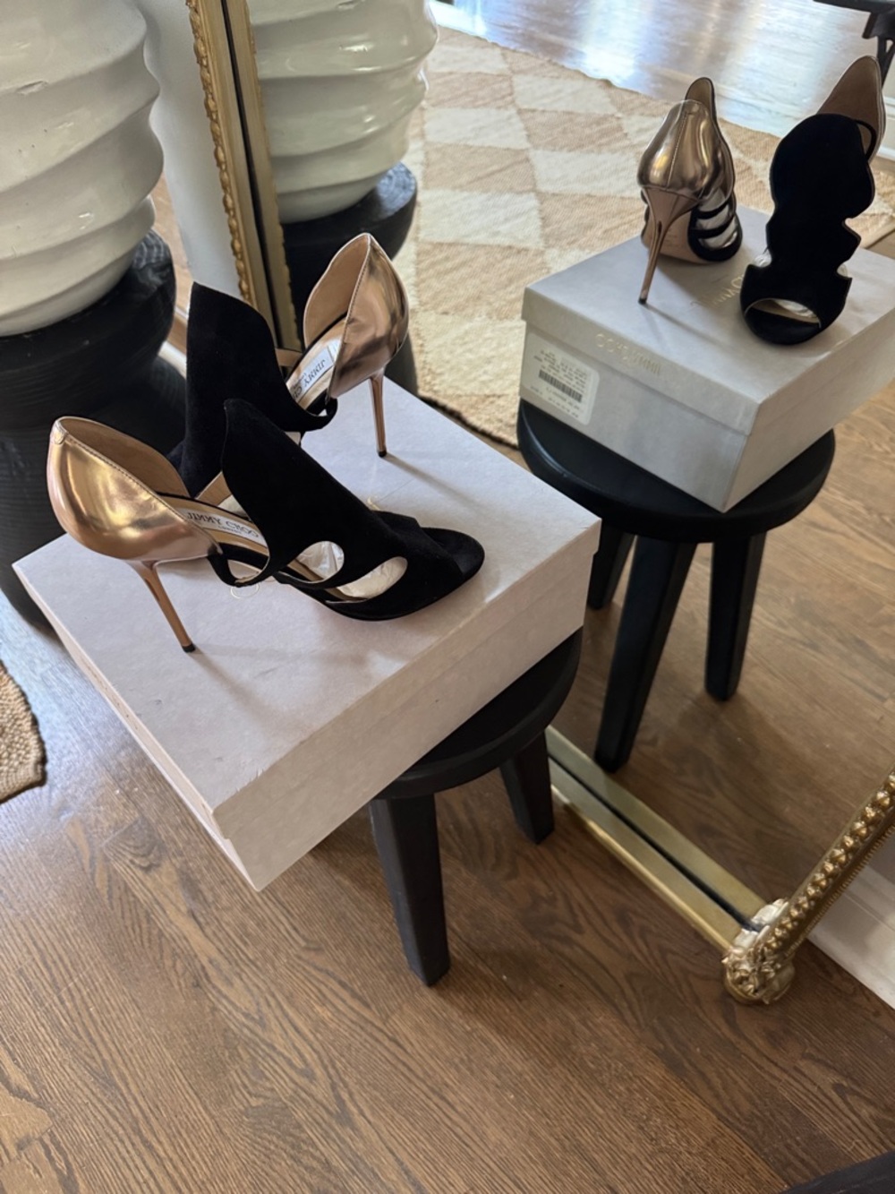 Jimmy Choo Black Suede Heels with Metallic Gold Back